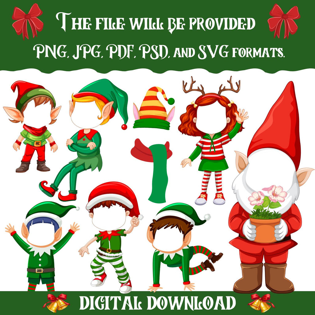 100+ Christmas Add Your Own Photo Elf Yourself PNG Bundle | DIY Elf Face Templates for Kids & Family Crafts | Fun Holiday Decor And Gifts
