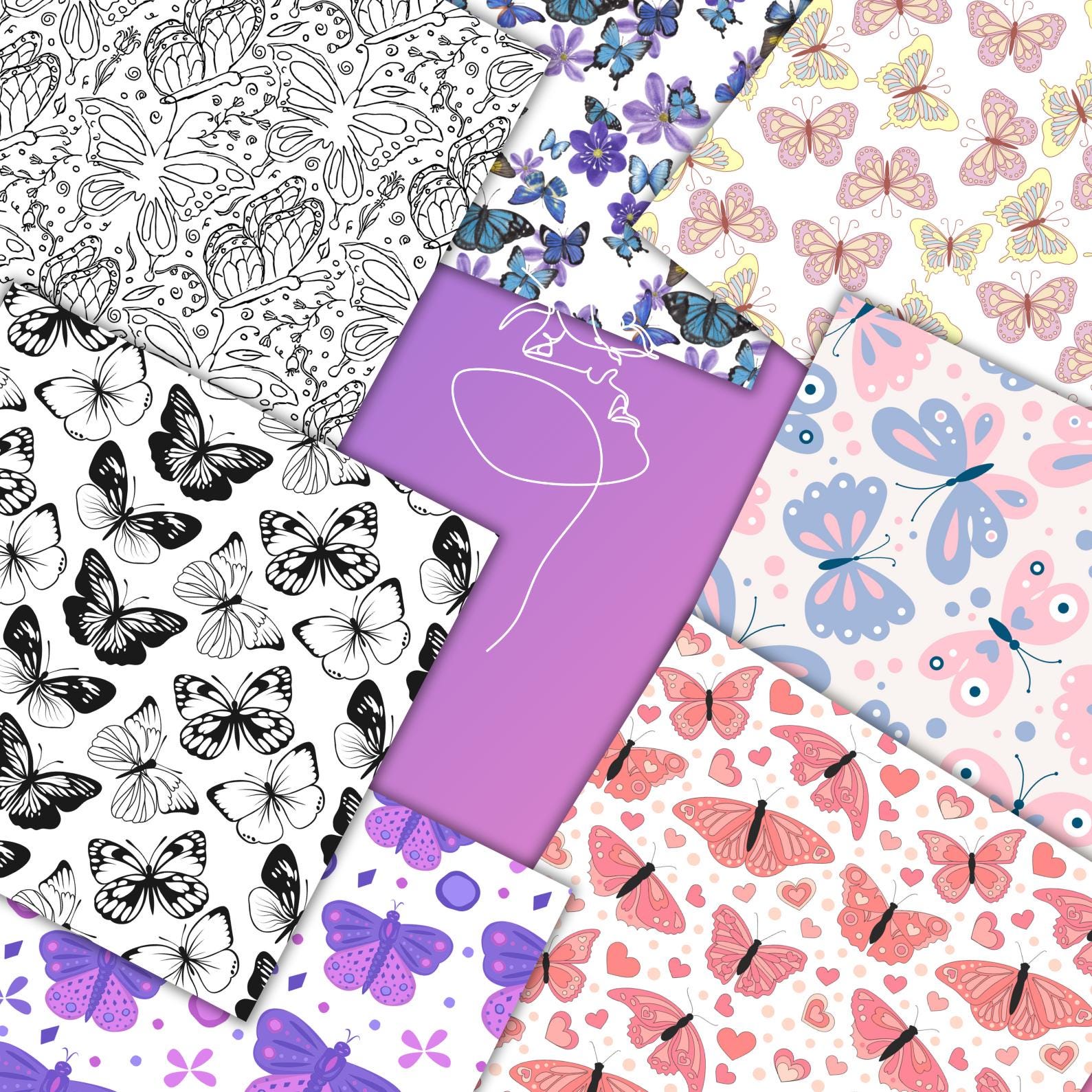 Butterfly Digital Paper Bundle 12x12 | 180+ Seamless Watercolor And Line Art Patterns, Pastel Scrapbooking & Crafting DIY  Instant Download