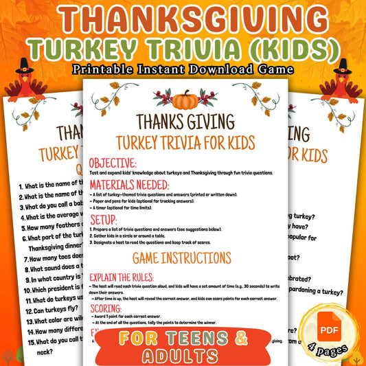 Turkey Trivia Game, Thanksgiving Fun Party Game, Fall Game For Kids & Adults, Friendsgiving Family Trivia Quiz, Printable Class Activity