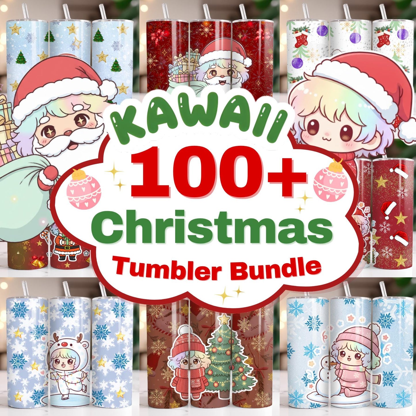 Kawaii Christmas Tumbler Wrap Bundle – 100+ Cute PNGs for Sublimation, Holiday Drinkware, Gifts, DIY Crafts, Stickers, Mugs, Cards & More