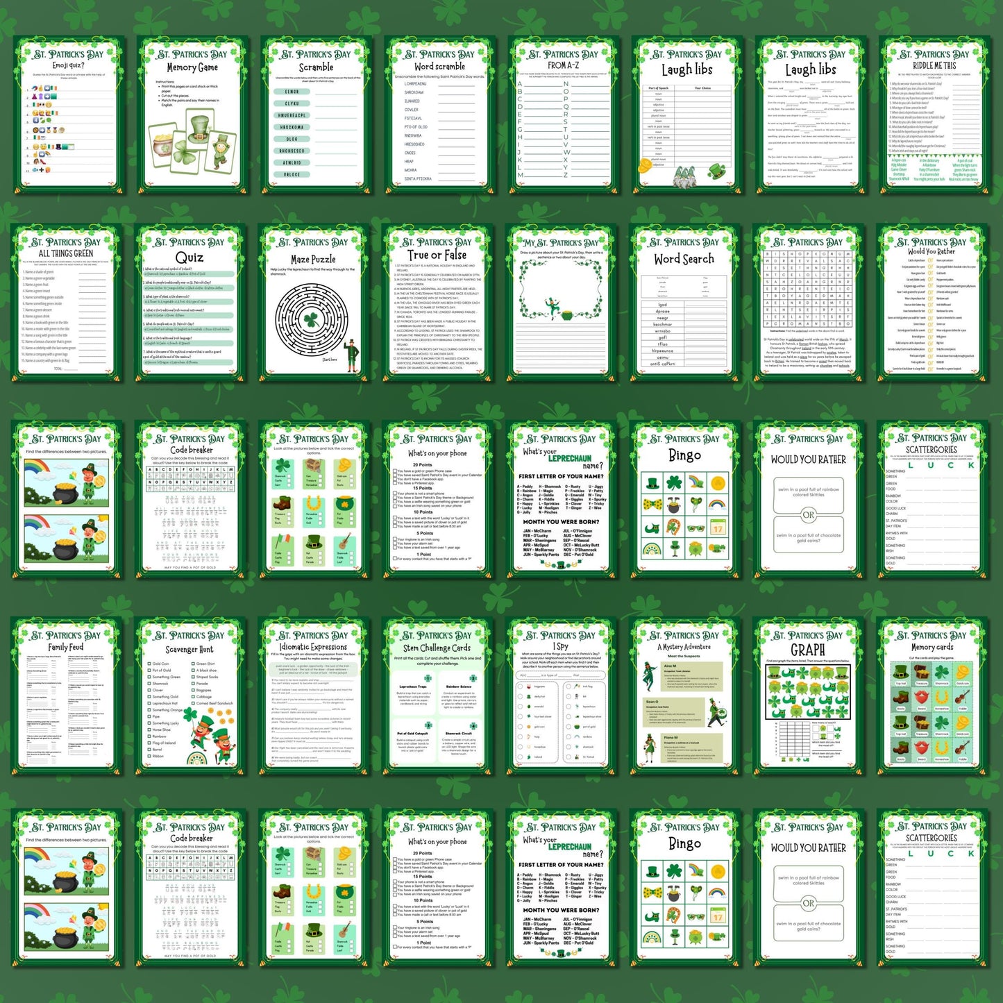 St. Patrick's Day 60+ Game MEGA BUNDLE, Fun St. Patrick's Day Party Games for Adults & Seniors, St. Paddy's Day Activities, St. Pat's Games