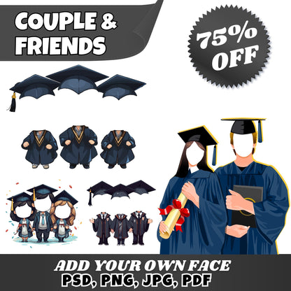Graduation Cap and Gown PNG PSD Templates | Add Your Face Graduation Clipart | Editable Graduation Couple & Friends Printable Bundle