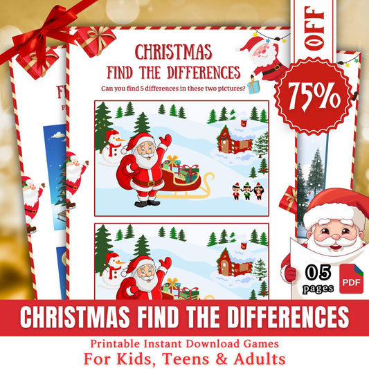 Christmas Find The Difference Game, Christmas Spot The Difference, Christmas Printable Game For Kids & Classroom Activity, Christmas Party