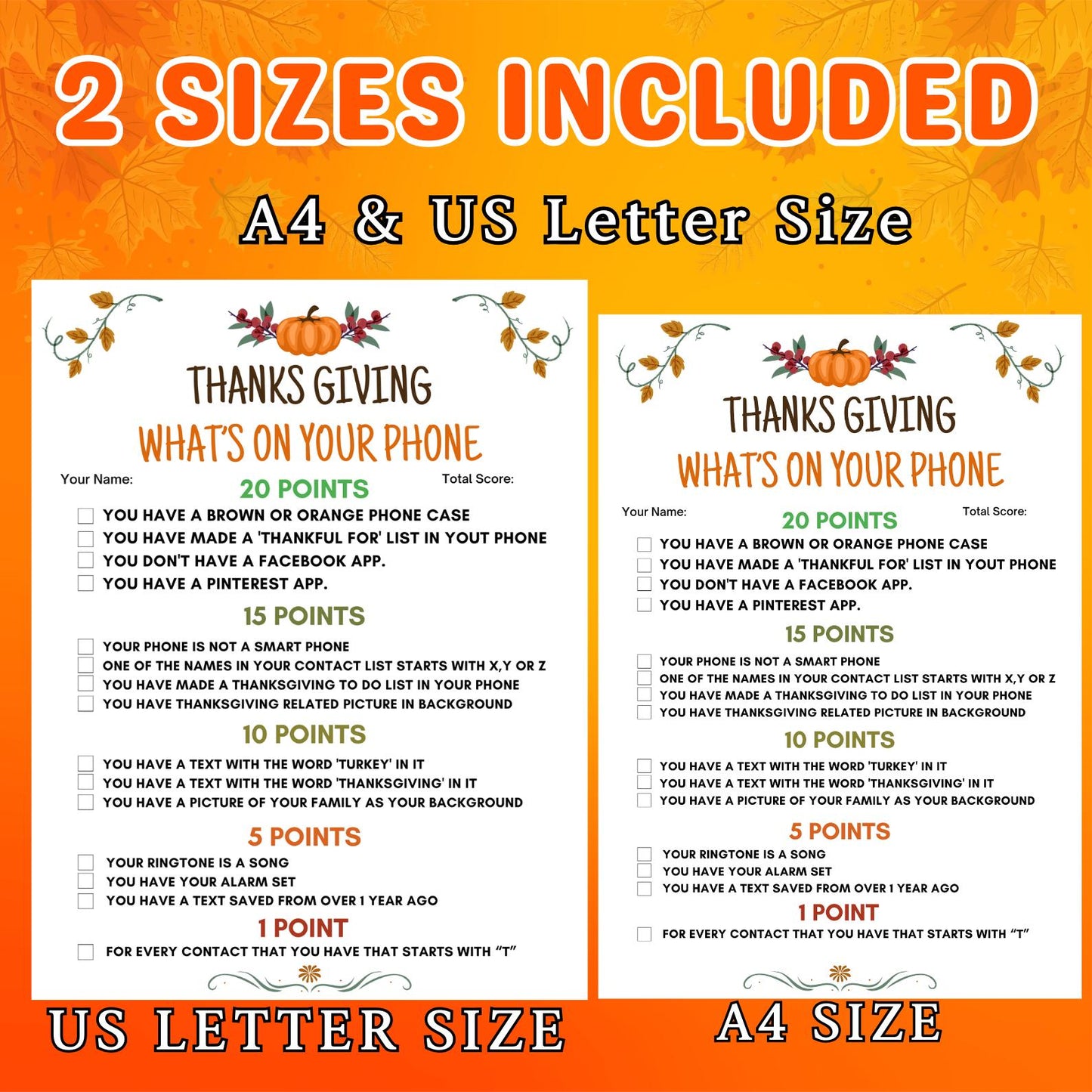 Thanksgiving What's On Your Phone Game, Friendsgiving Printable Game, Fall Group Game For Kids, Teens & Adults, Office Party Game Pdf