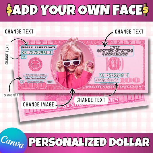 Personalized Pink 100 Dollar Bill Canva Template – Add Your Face – Editable Printable Prop Money, Both Sides, Party Favor | Instant Download