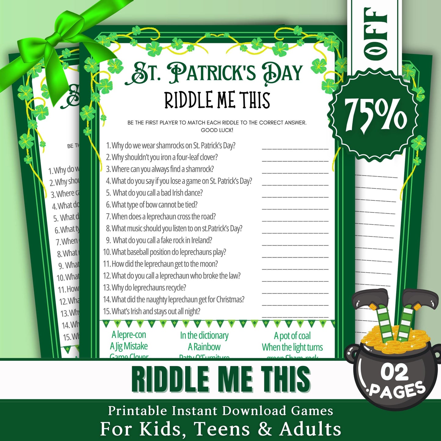 St. Patrick's Day Riddle Me This Game | Printable Trivia, Party Game for Kids & Adults | Fun St. Paddy's Day Activity | St. Patrick's Game