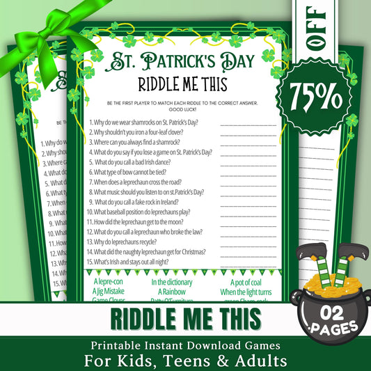 St. Patrick's Day Riddle Me This Game | Printable Trivia, Party Game for Kids & Adults | Fun St. Paddy's Day Activity | St. Patrick's Game