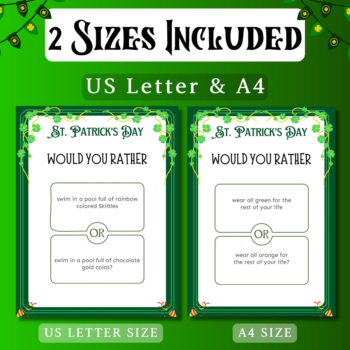 St. Patrick's Day Would You Rather Game | Fun St. Paddy's Day Party Game | Printable Quiz for Kids & Adults | St. Patrick's Day Activity Pdf