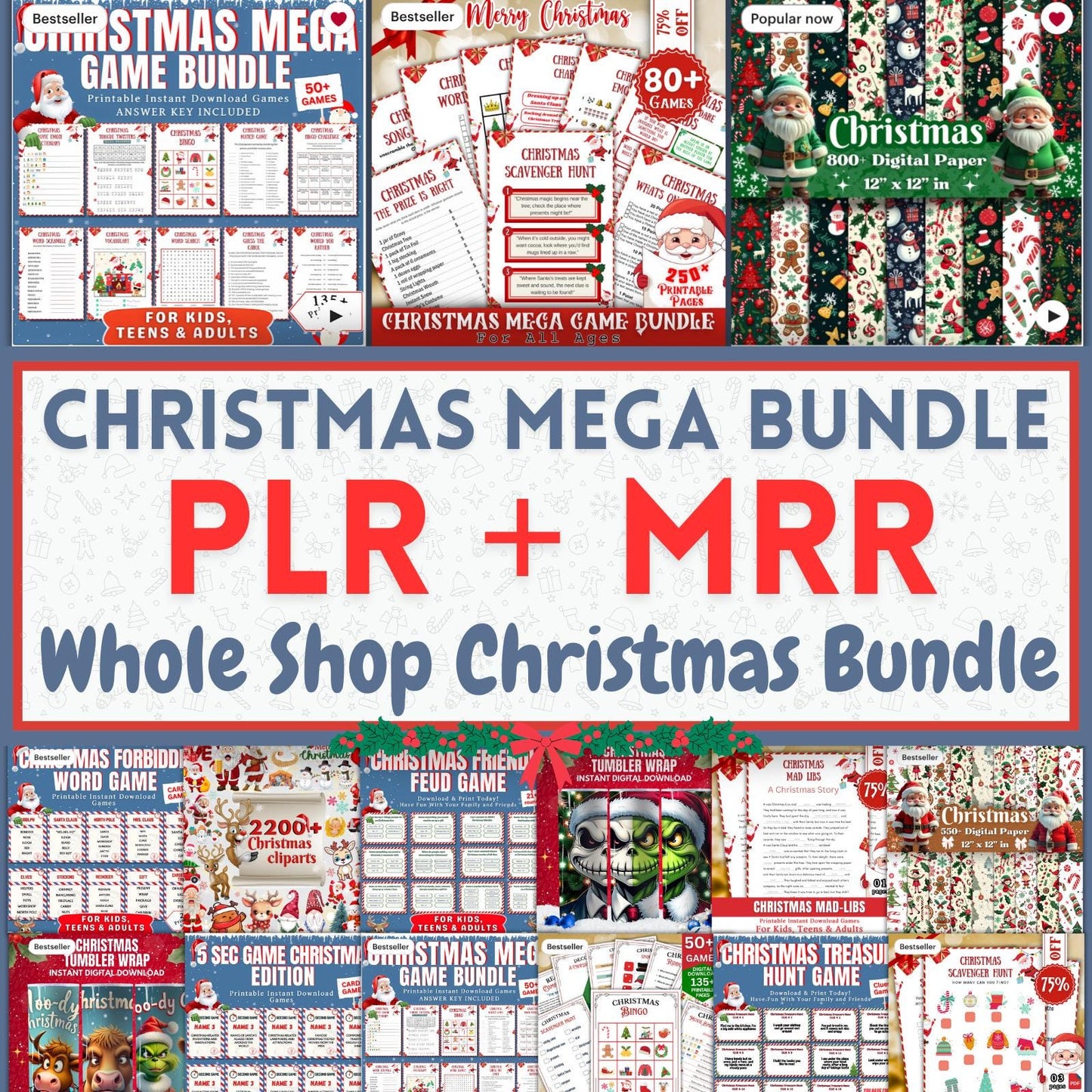 Christmas PLR MRR Mega Bundle – 250+ Games, Cliparts, Digital Papers and Tumbler Wraps | Printable Holiday Pack for Resale & Fun