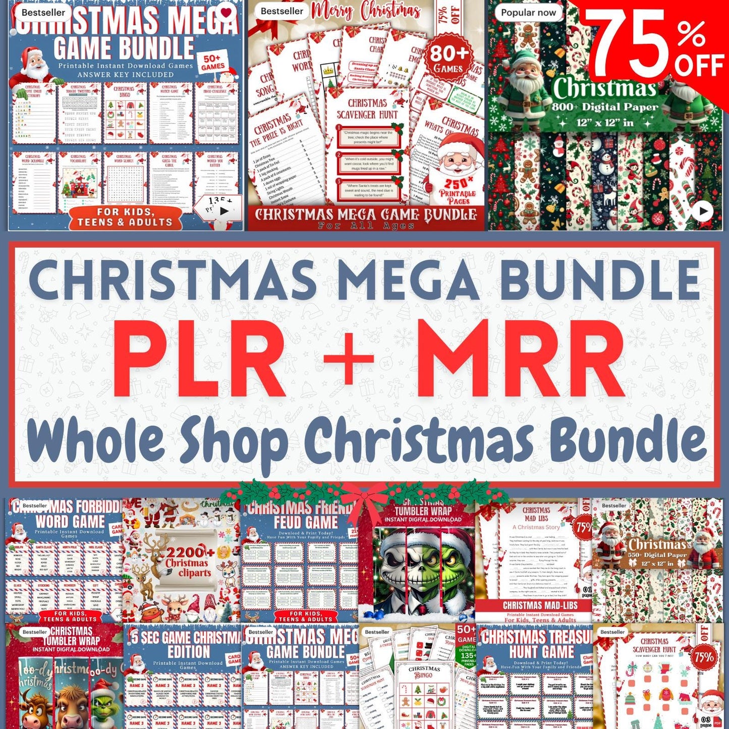 Christmas Mega Bundle PLR MRR | 20000+ | Games, Clipart, Printables, Tumbler Wraps, Digital Papers | Whole Shop Holiday Pack for Resale PDF