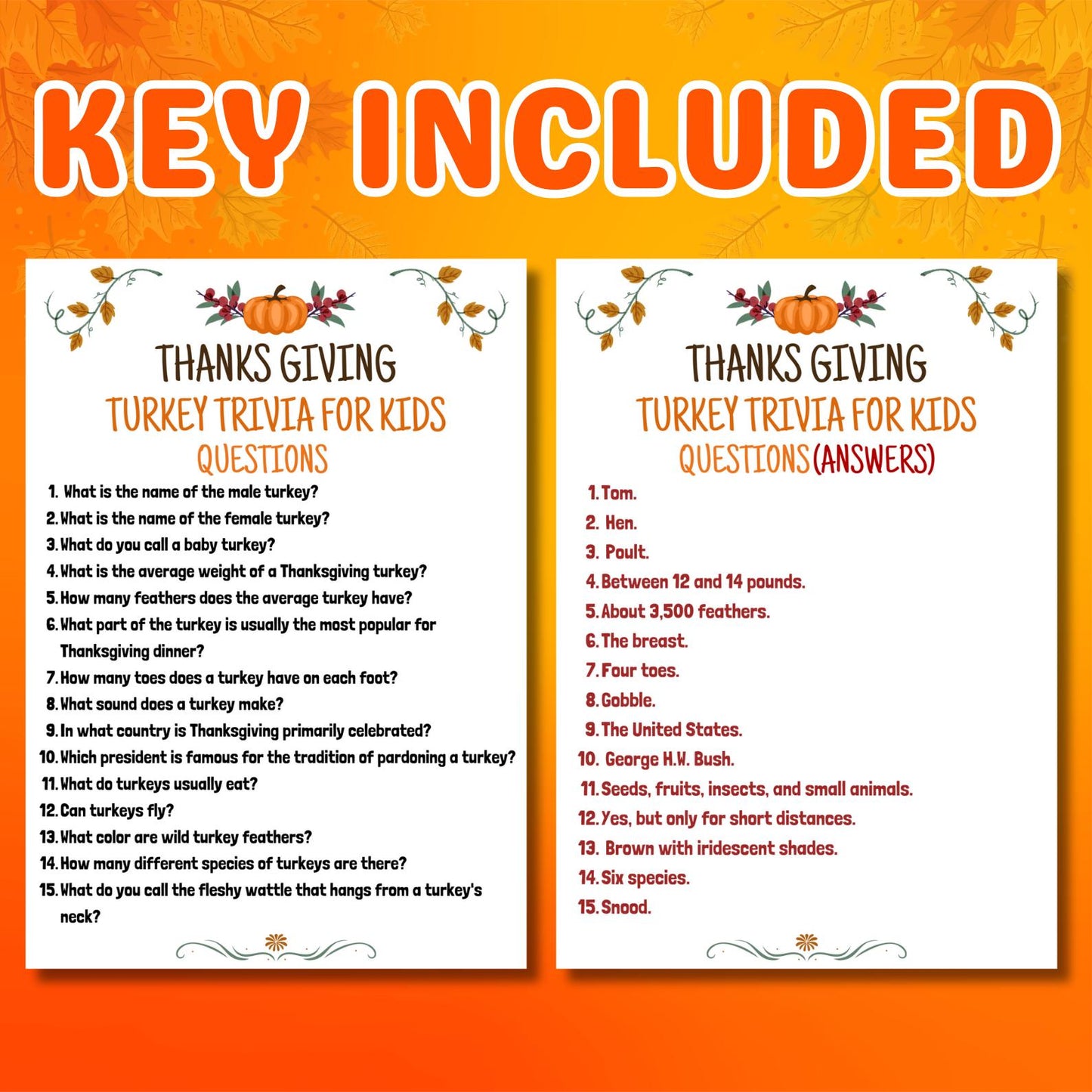 Turkey Trivia Game, Thanksgiving Fun Party Game, Fall Game For Kids & Adults, Friendsgiving Family Trivia Quiz, Printable Class Activity