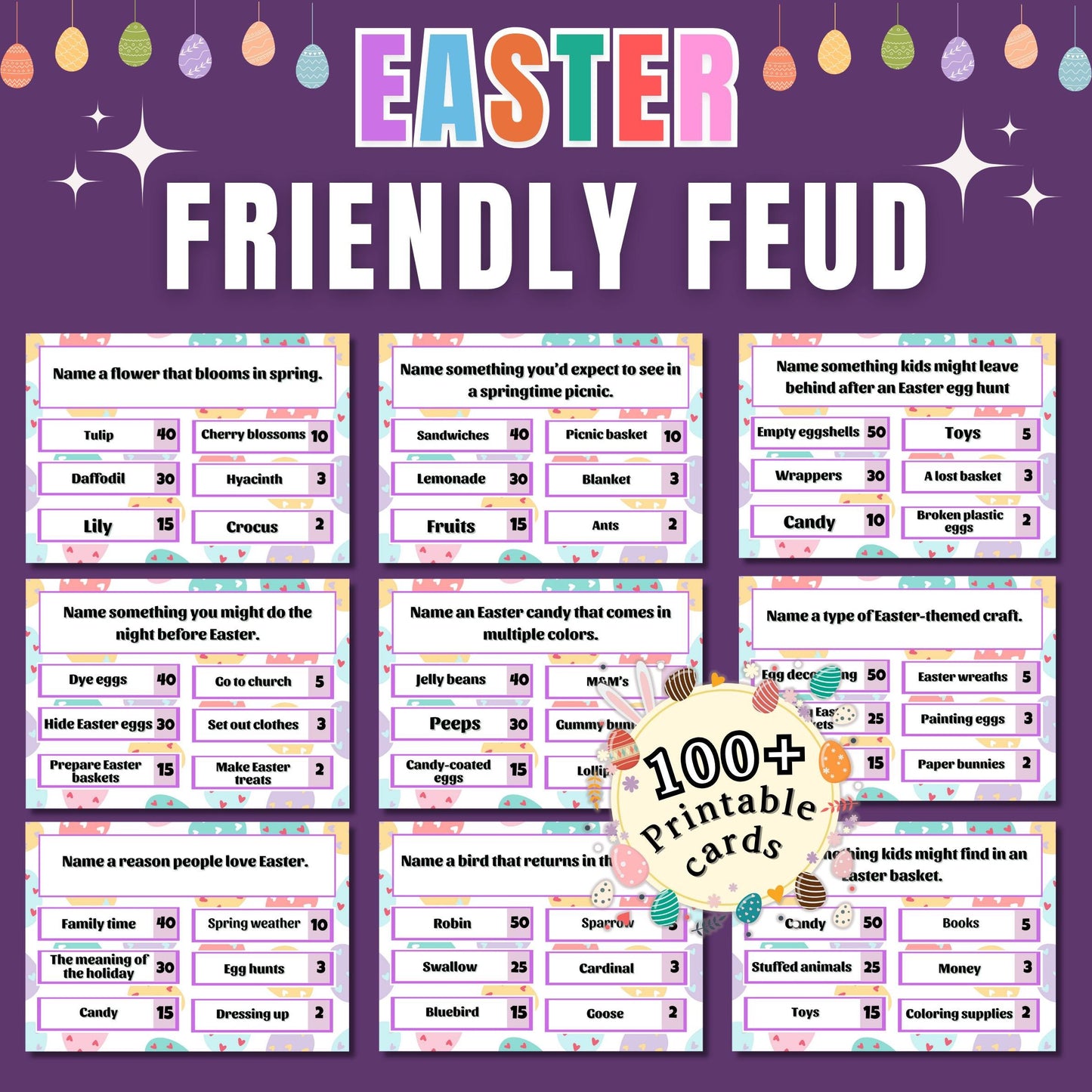 Easter Family Feud Game | 100+ Printable Cards | Fun Easter Trivia for Kids | Adults | A4 & US Letter | Scoreboard and Strike Cards Included