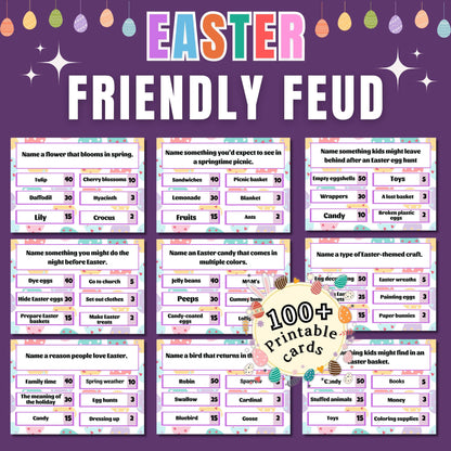 Easter Family Feud Game | 100+ Printable Cards | Fun Easter Trivia for Kids | Adults | A4 & US Letter | Scoreboard and Strike Cards Included