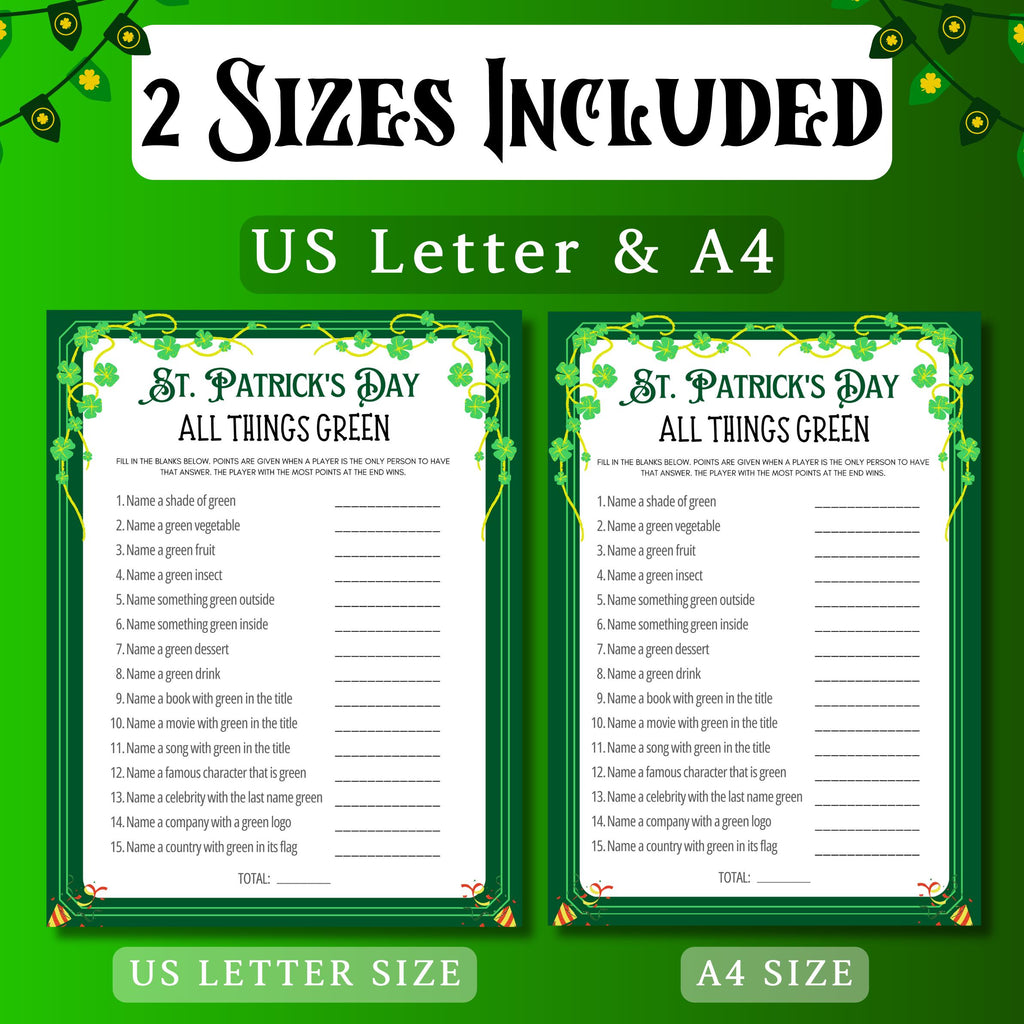 All Things Green St. Patrick's Day Game | Fun Irish Trivia & Word Challenge | St. Paddy's Party Game | Kids and Adults Printable Activity
