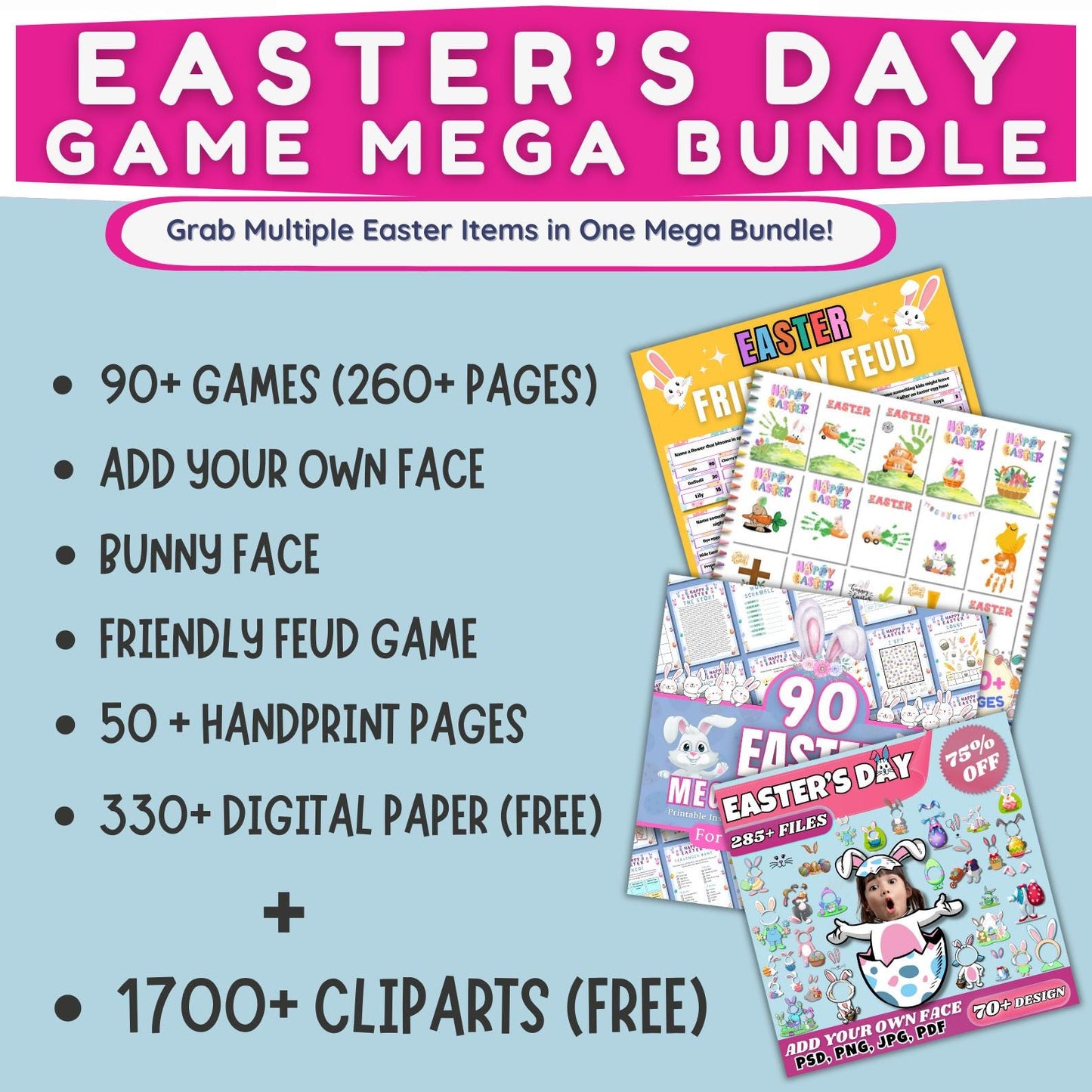 Easter Mega Bundle, Games | Activities, Fun Party for Kids & Adults, Scavenger Hunt, Friendly Feud, Coloring Pages, Clipart | Digital Paper