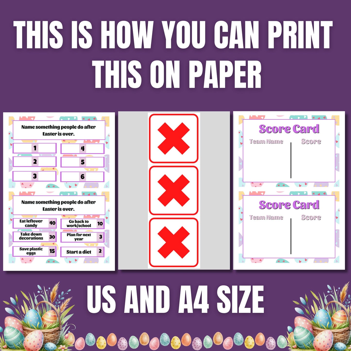 Easter Family Feud Game | 100+ Printable Cards | Fun Easter Trivia for Kids | Adults | A4 & US Letter | Scoreboard and Strike Cards Included