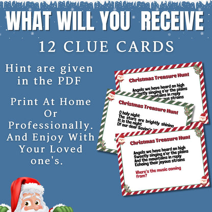 Christmas Treasure Hunt Clues, Christmas Scavenger Hunt Cards, Scavenger Hunt Riddle, Musical Riddle Christmas Clues Game For Kids & Adults