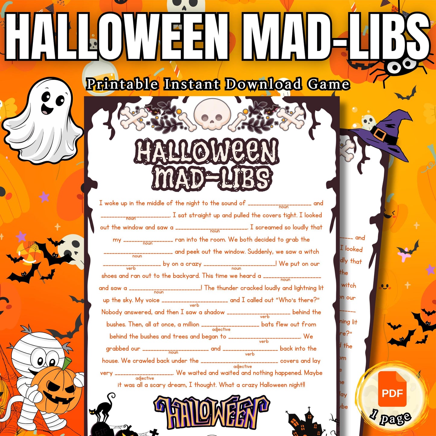 Halloween Mad Libs | Spooky Story Fill-In-The-Blanks Game | Fun Festive Activity for Kids, Teens & Adults | Printable Halloween Game