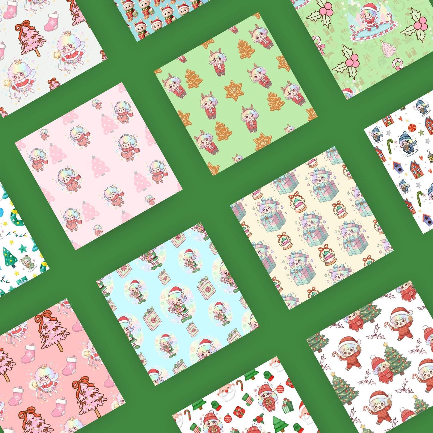 Kawaii Christmas Digital Paper Bundle – 50+ Seamless 12x12 Pastel Patterns, Cute Monster Printable Backgrounds for Scrapbook, Cards, Crafts