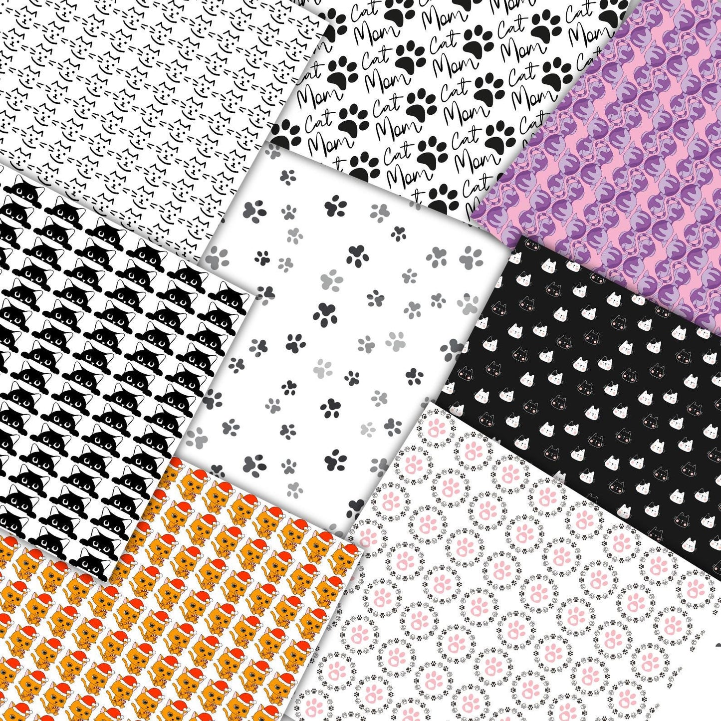 Cute Cat Digital Paper Bundle 12x12, 170+ Seamless Kawaii Cat & Paw Print Patterns, Scrapbook Paper, Printable Backgrounds, Instant Download