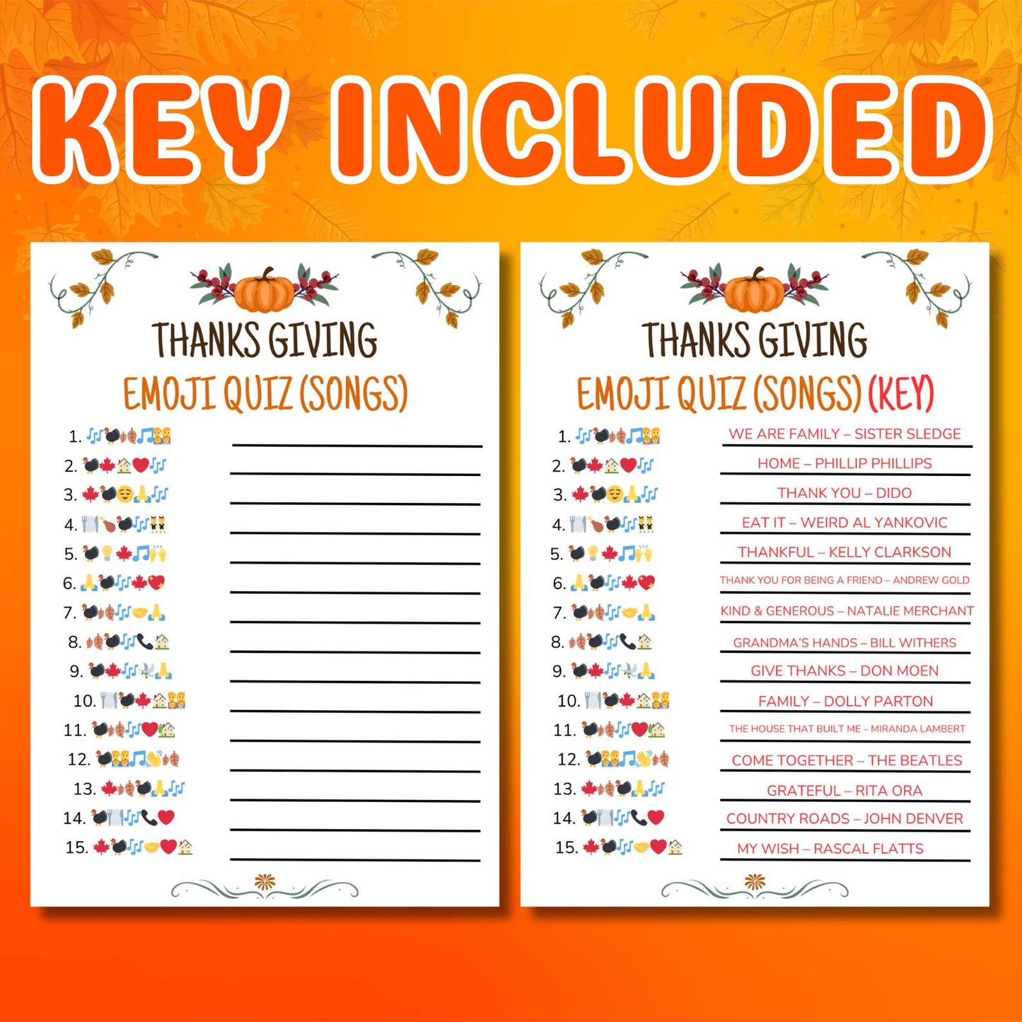Thanksgiving Emoji Game, Printable Thanksgiving Game For Kids Adults Family Dinner Table Activity, Fun Party Trivia, Friendsgiving Game Pdf