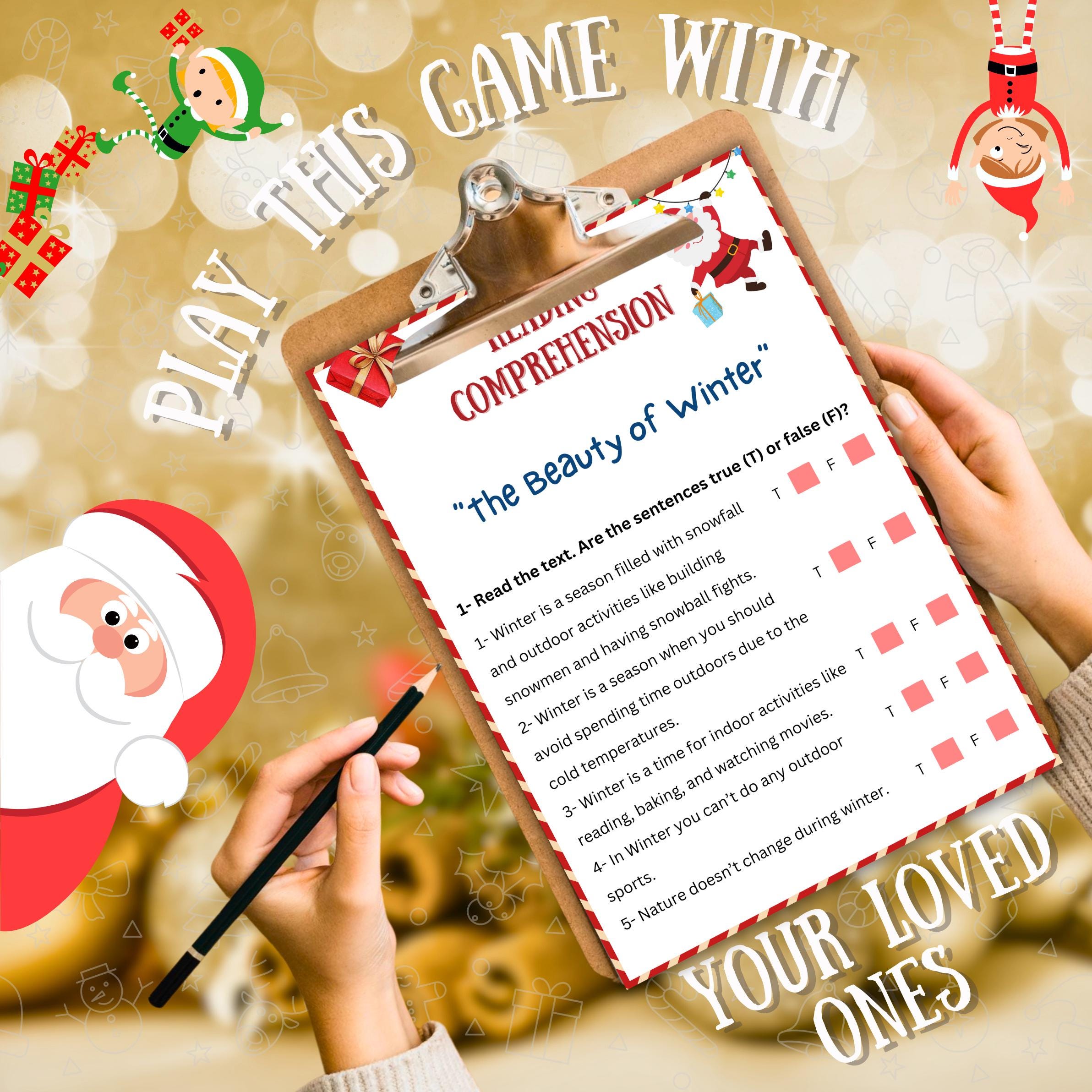 Christmas Comprehension Game, Christmas Reading Printable Game For Kids & Adults, Family Dinner Game, Office And Classroom Activity Fun