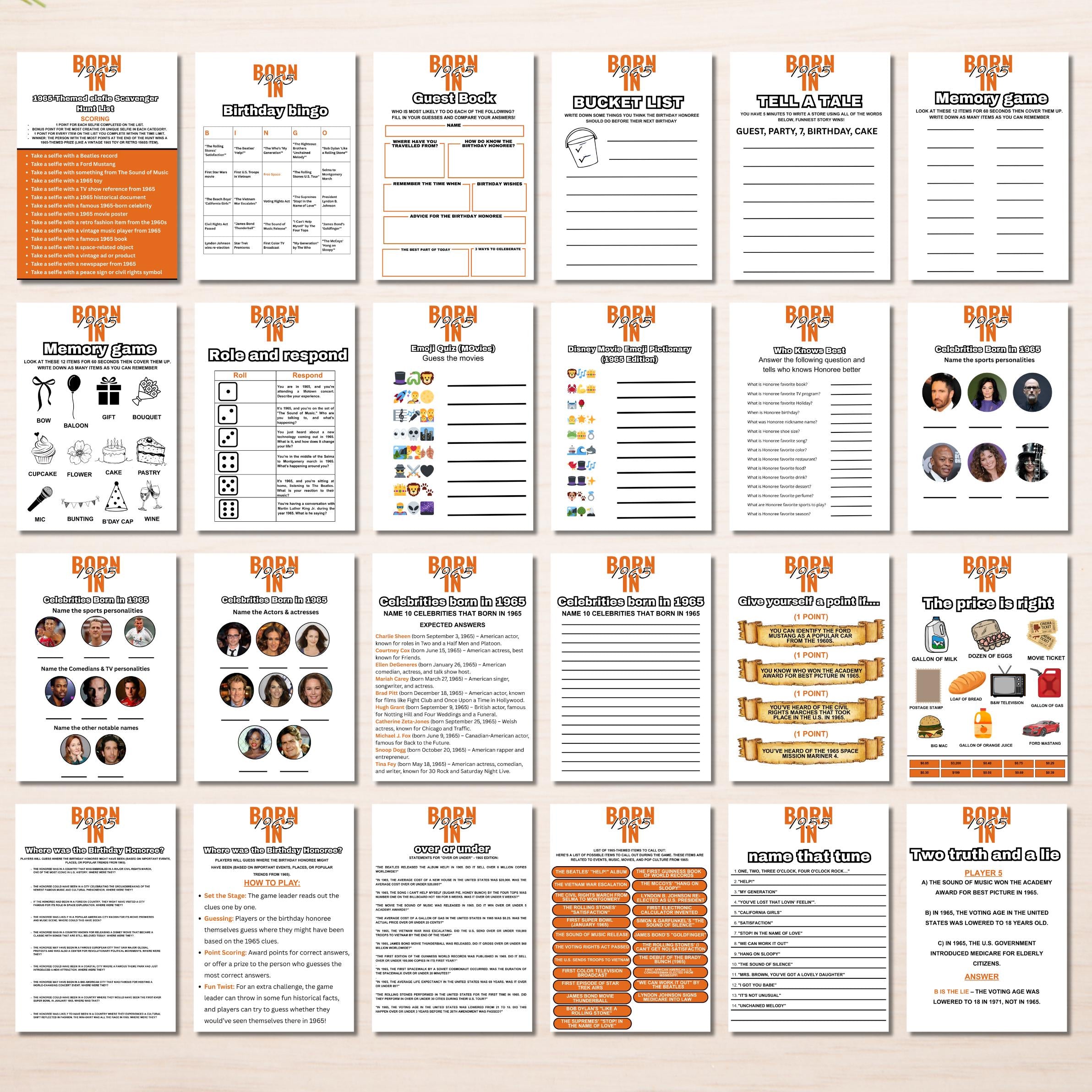 60th Birthday Games Bundle | Born in 1965 Party Games | Fun & Nostalgic Printable Games | 40+ Activities for Adults | Games and Trivia | PDF