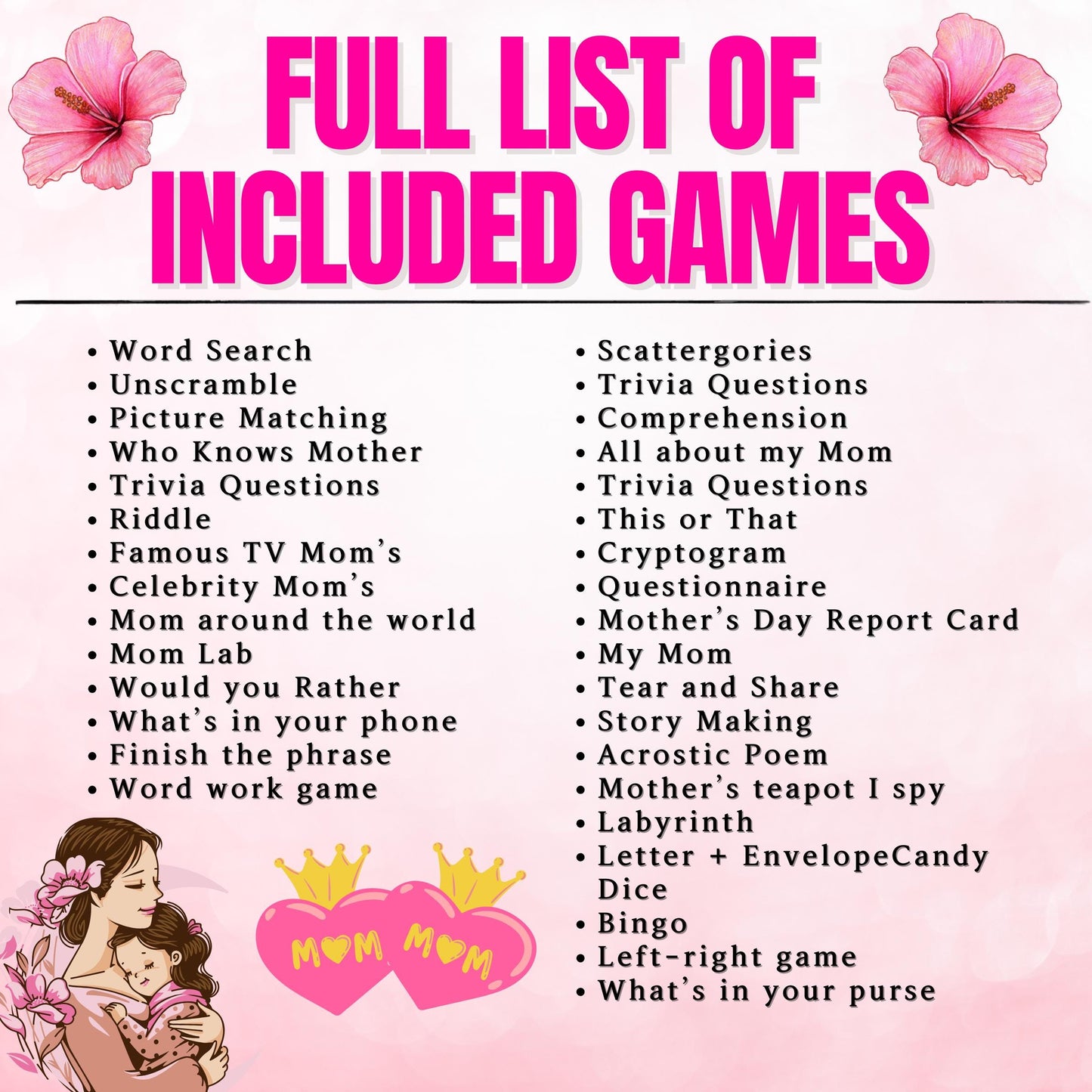 Mother's Day Games Bundle | Printable Party Games for Mom | Fun Mother's Day Activities, Crafts, Trivia, Bingo & More, Instant Download PDF