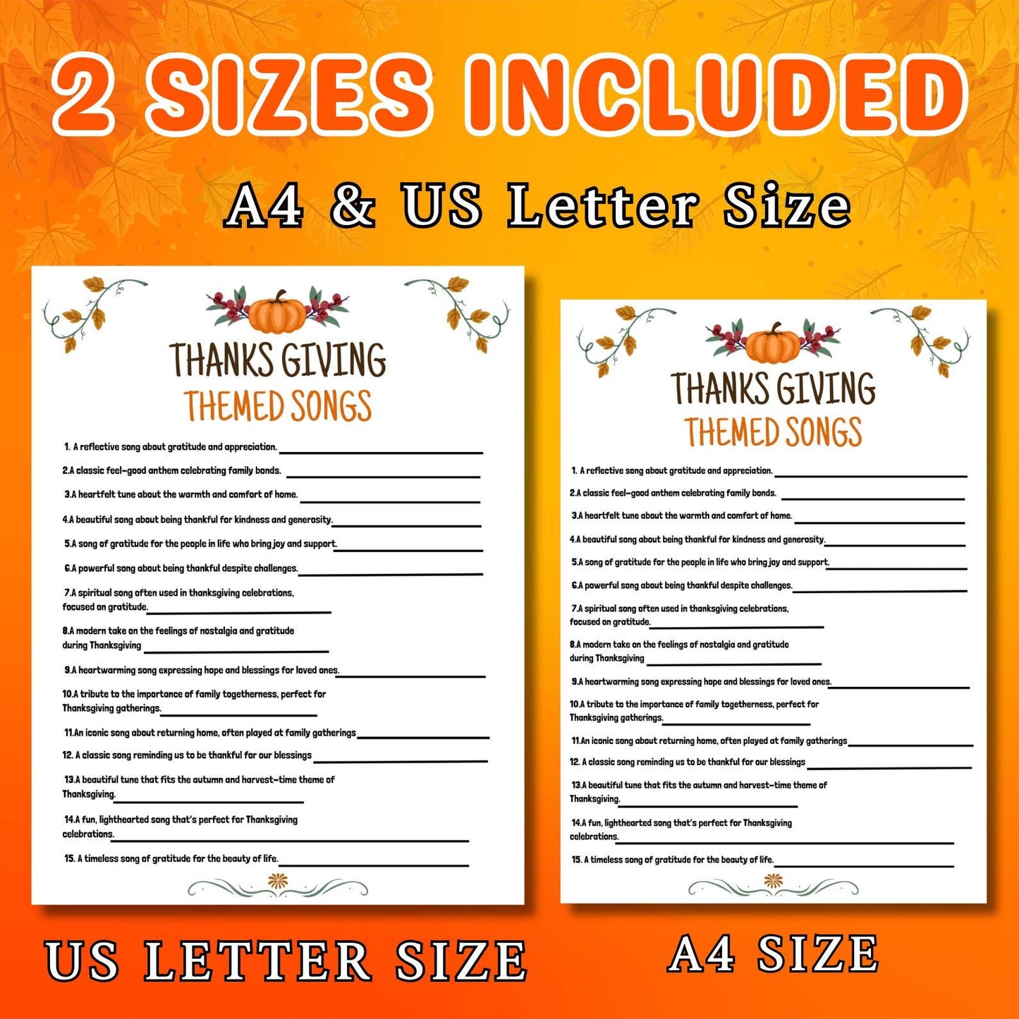 Thanksgiving Themed Songs, Printable Songs Game, Fun Songs Game, Group Game Night, Party Activity, Office Fun Games, Games For Kids & Adults