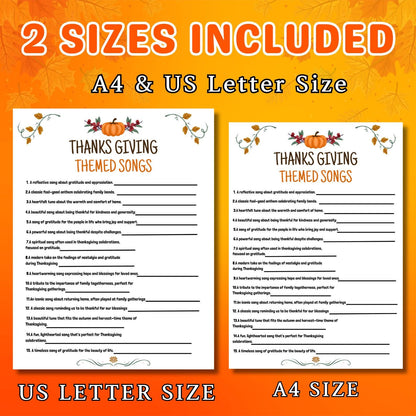 Thanksgiving Themed Songs, Printable Songs Game, Fun Songs Game, Group Game Night, Party Activity, Office Fun Games, Games For Kids & Adults