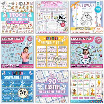 Easter Mega Bundle | 90+ Printable Games | Activities | Scavenger Hunt, Friendly Feud, Coloring, Clipart & Digital Paper | Instant Download