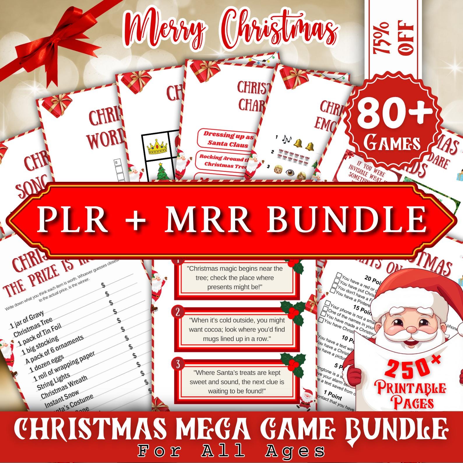 Christmas Game Bundle PLR MRR | 80+ Printable Holiday Games for All Ages | Charades, Emoji Quiz, Song Dares | 250+ Pages Download PDF