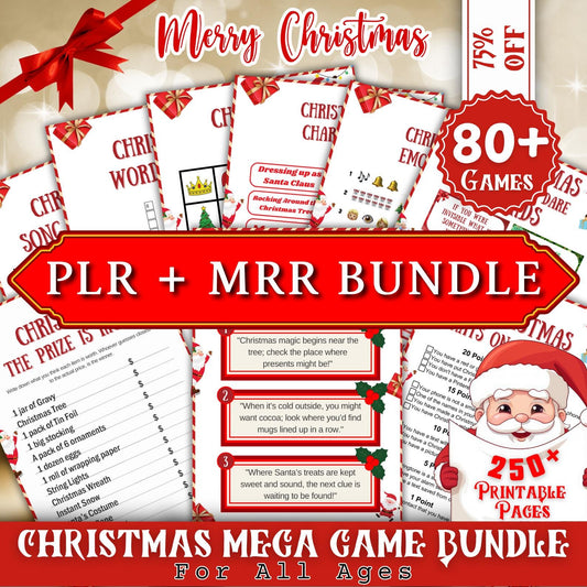 Christmas Game Bundle PLR MRR | 80+ Printable Holiday Games for All Ages | Charades, Emoji Quiz, Song Dares | 250+ Pages Download PDF