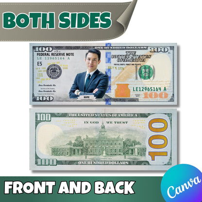 Personalized Dollar Bill Canva Template – Custom 100 Editable Money with Your Photo, Name & Text | Funny Gift, Party Prop, Instant Download
