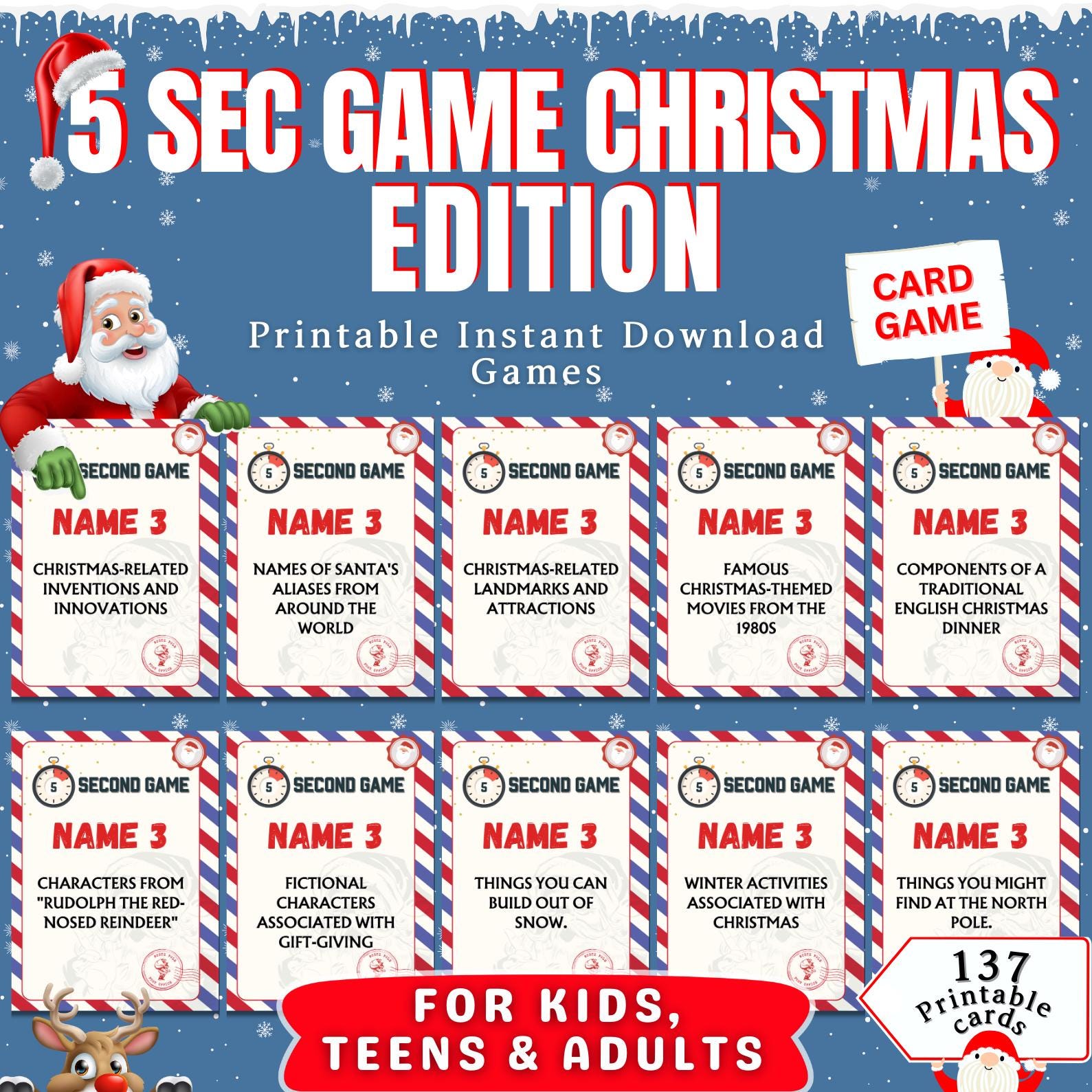 Christmas 5 Sec Game, Christmas Activity For Kids & Adults, Fun Christmas Party And Office Game, Printable Christmas Game, Xmas Card Games