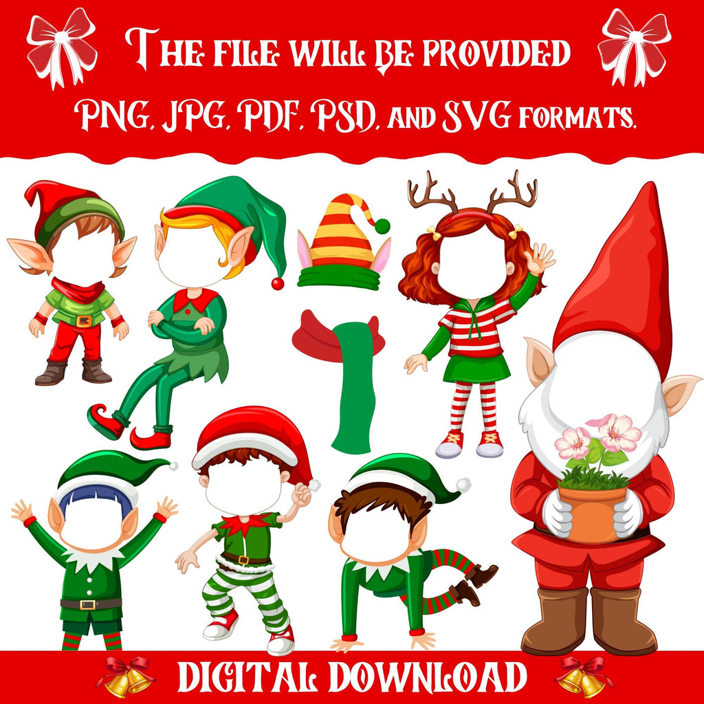 150+ DIY Add Your Own Face Elf Yourself PNG Bundle, Christmas Craft for Kids, Xmas Bulletin Board Decor , Custom Elf Faces, Holiday Fun