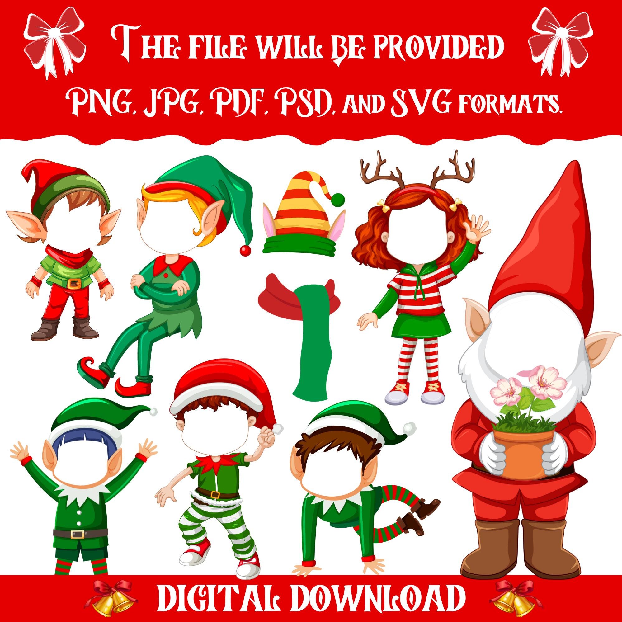150+ DIY Add Your Own Face Elf Yourself PNG Bundle, Christmas Craft for Kids, Xmas Bulletin Board Decor , Custom Elf Faces, Holiday Fun