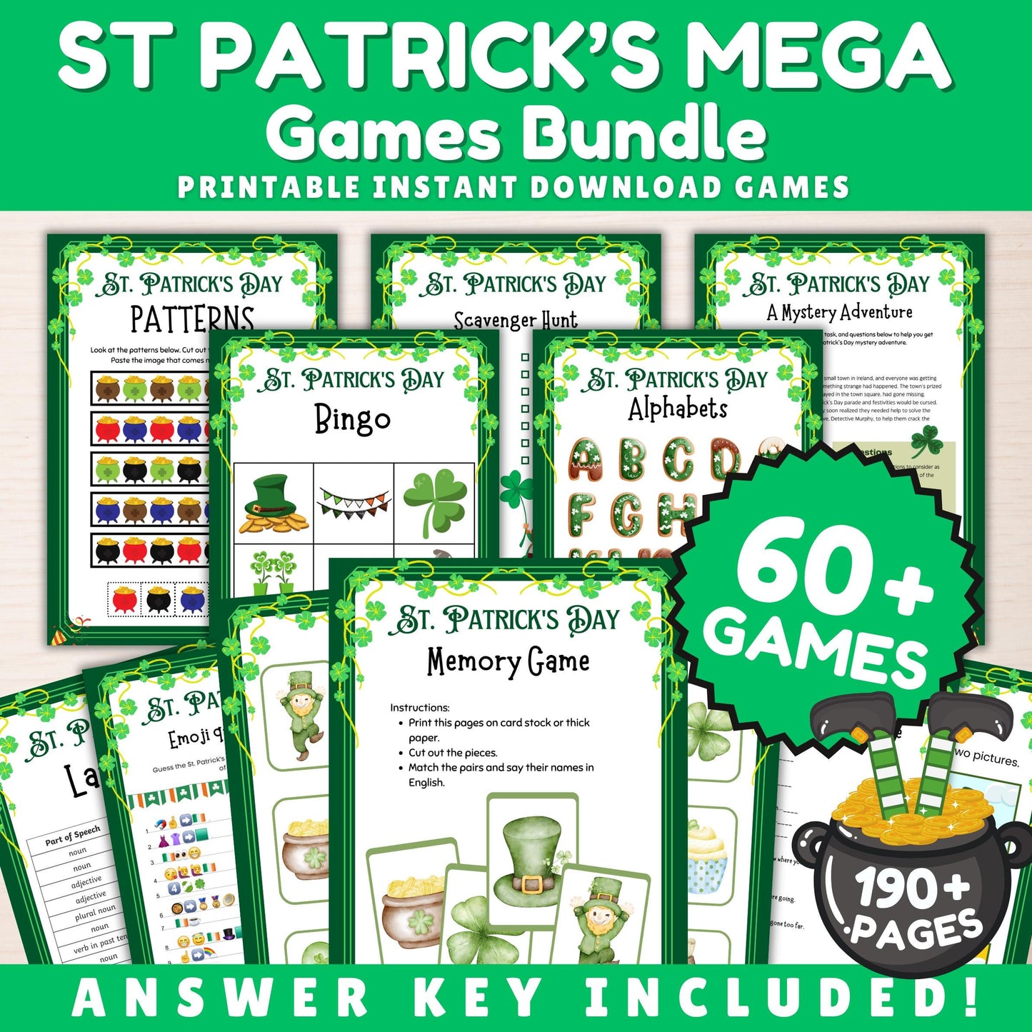 St Patricks Day Mega Bundle, Add Your Face, Friendly Feud, 5 Sec & Taboo Word Game, 60+ Games, 250+ Digital Paper, Handprint, Coloring Pages