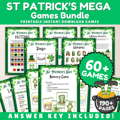 St Patricks Day Mega Bundle, Add Your Face, Friendly Feud, 5 Sec & Taboo Word Game, 60+ Games, 250+ Digital Paper, Handprint, Coloring Pages