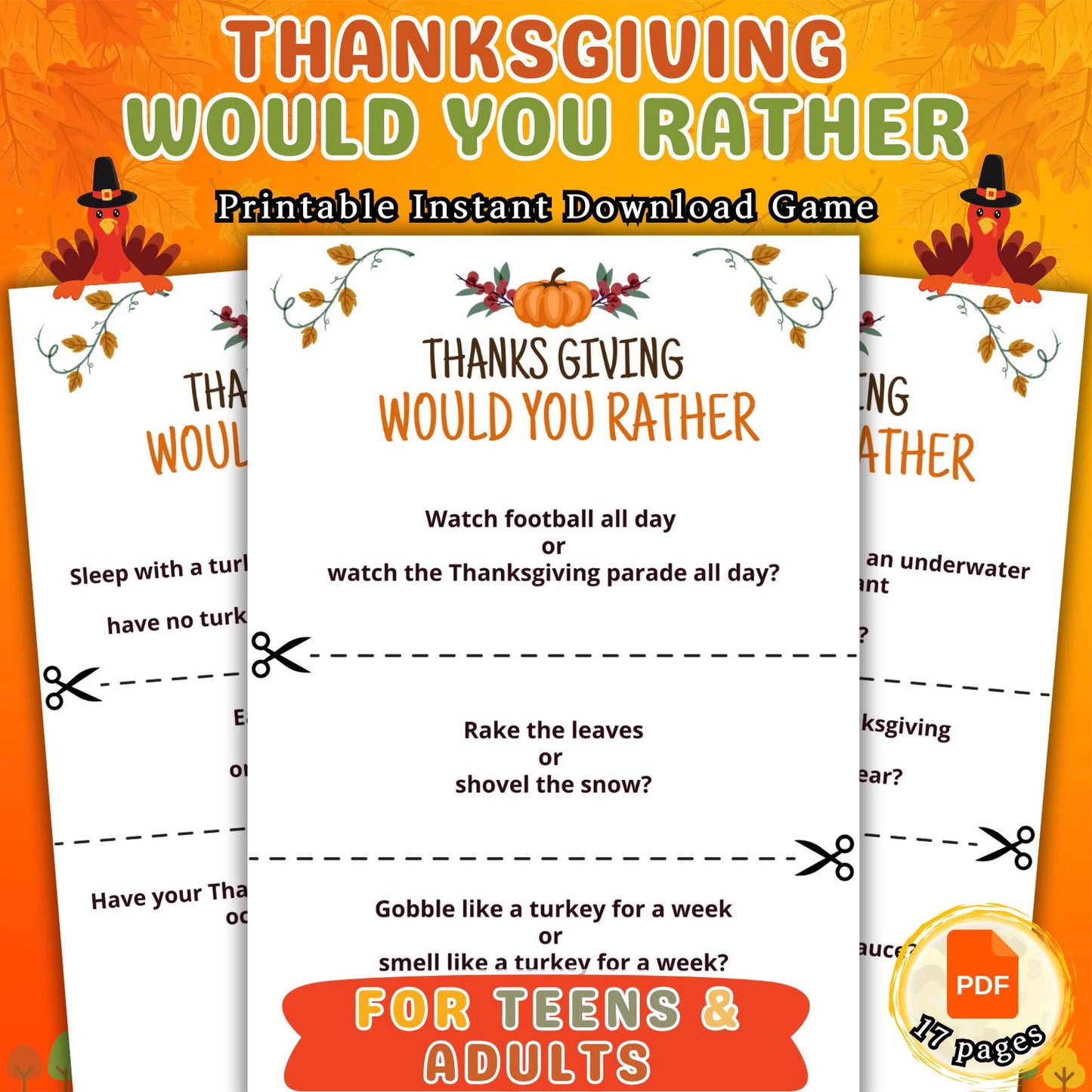 Thanksgiving Would You Rather, Thanksgiving Fun Game, Printable Family Friendsgiving Activity, Office Party Game, Games For Kids & Adults