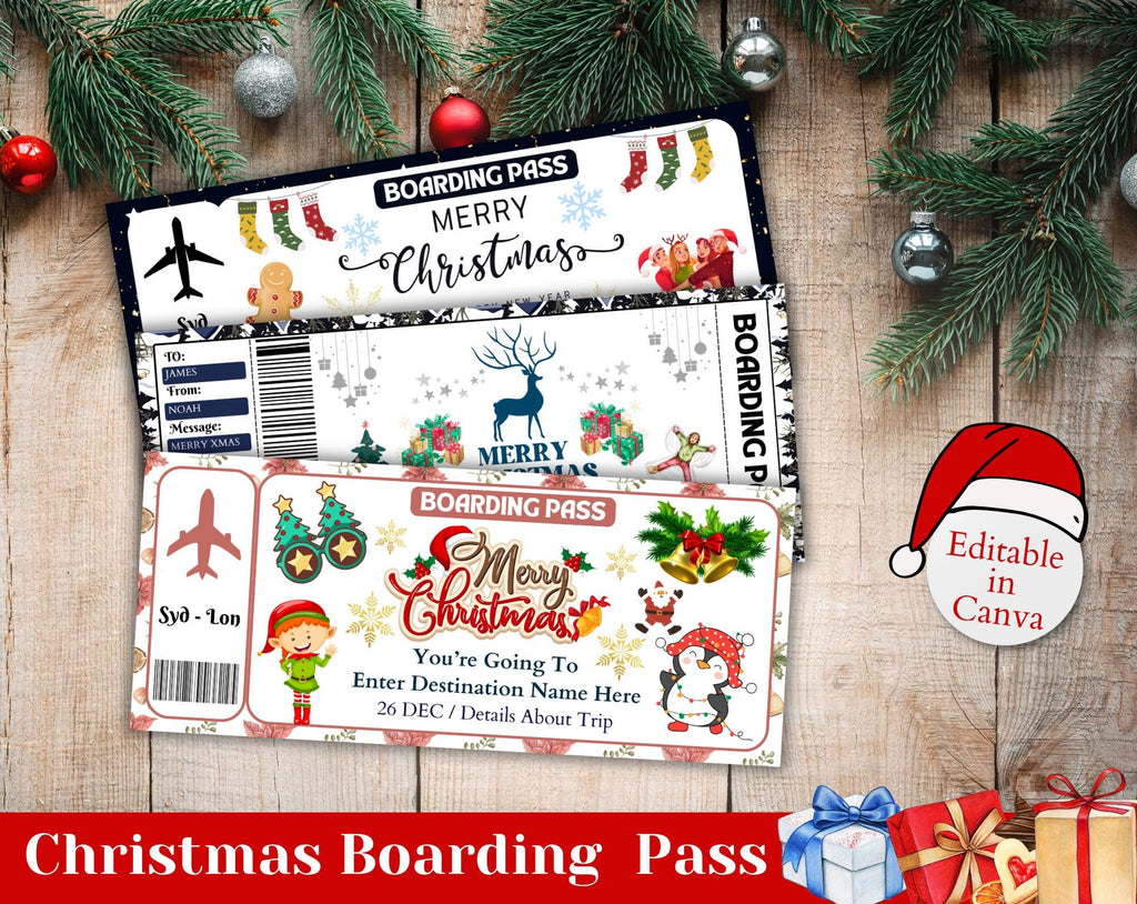 20+ Christmas Boarding Pass Template, Christmas Trip Surprise, Christmas Travel Ticket, Printable Airline Tickets, Holiday Plane Ticket Gift