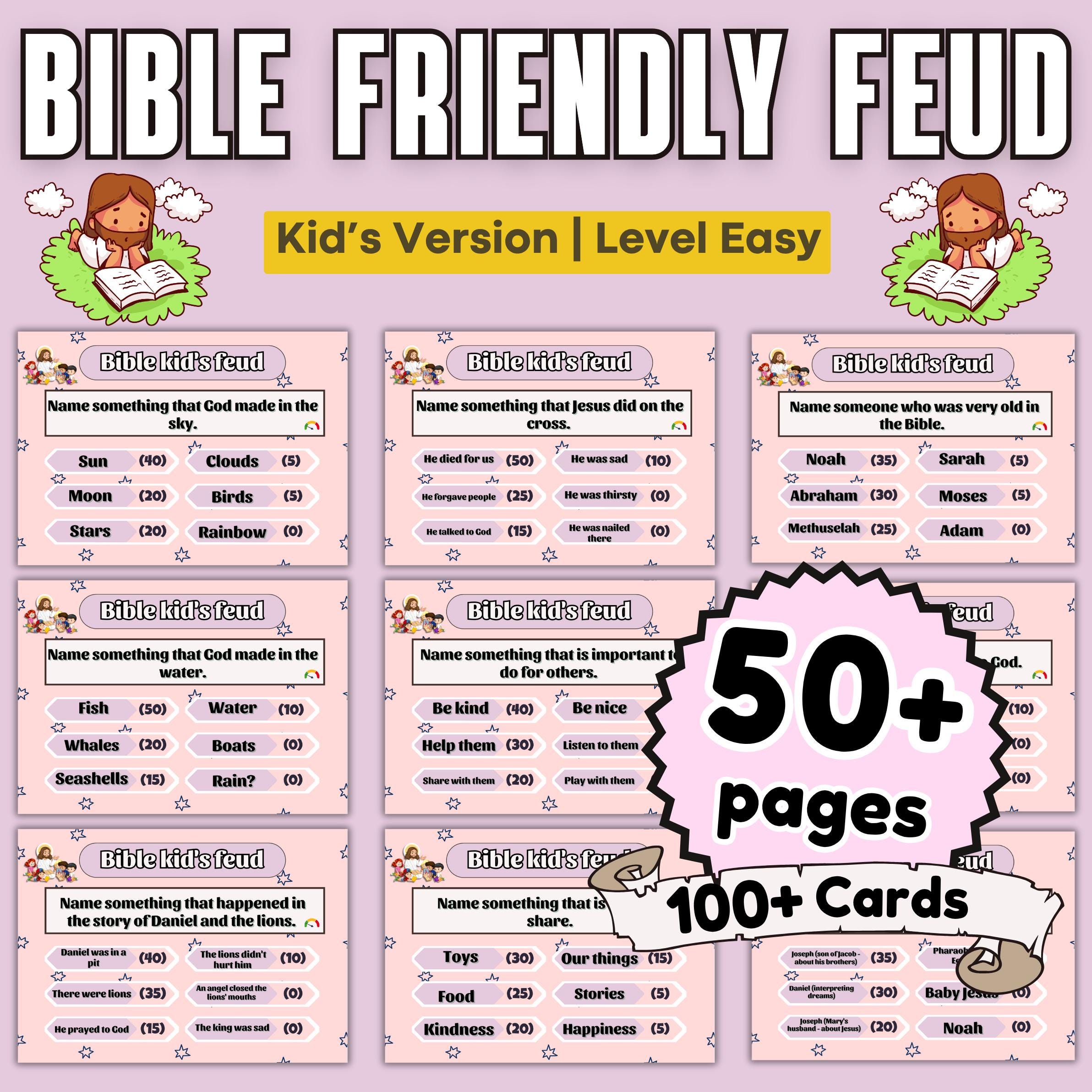 Bible Family Feud Game for Kids – Easy Level | 100+ Printable Bible Trivia Cards for Sunday School, Church | Homeschool | A4 & US Sizes PDF