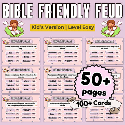 Bible Family Feud Game for Kids – Easy Level | 100+ Printable Bible Trivia Cards for Sunday School, Church | Homeschool | A4 & US Sizes PDF