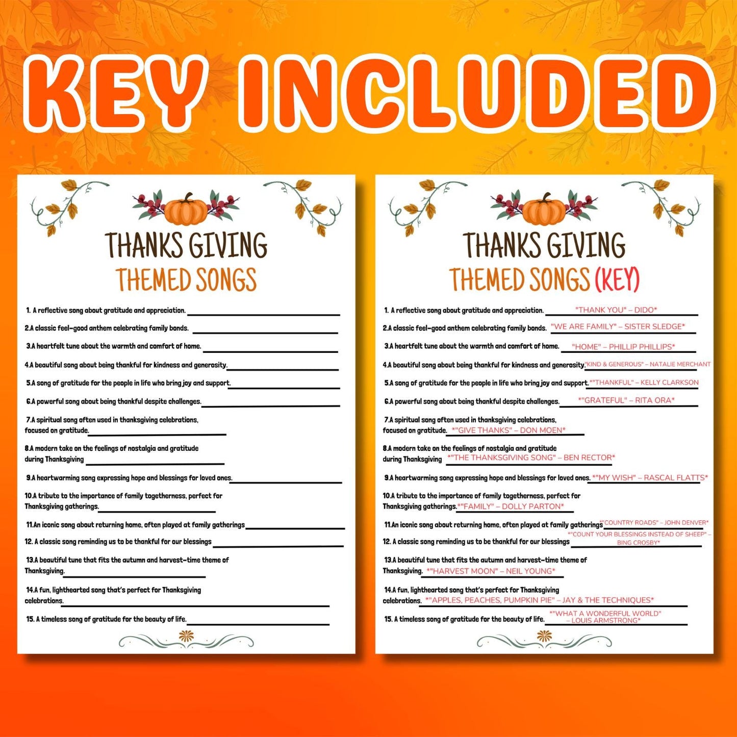 Thanksgiving Themed Songs, Printable Songs Game, Fun Songs Game, Group Game Night, Party Activity, Office Fun Games, Games For Kids & Adults