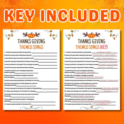 Thanksgiving Themed Songs, Printable Songs Game, Fun Songs Game, Group Game Night, Party Activity, Office Fun Games, Games For Kids & Adults