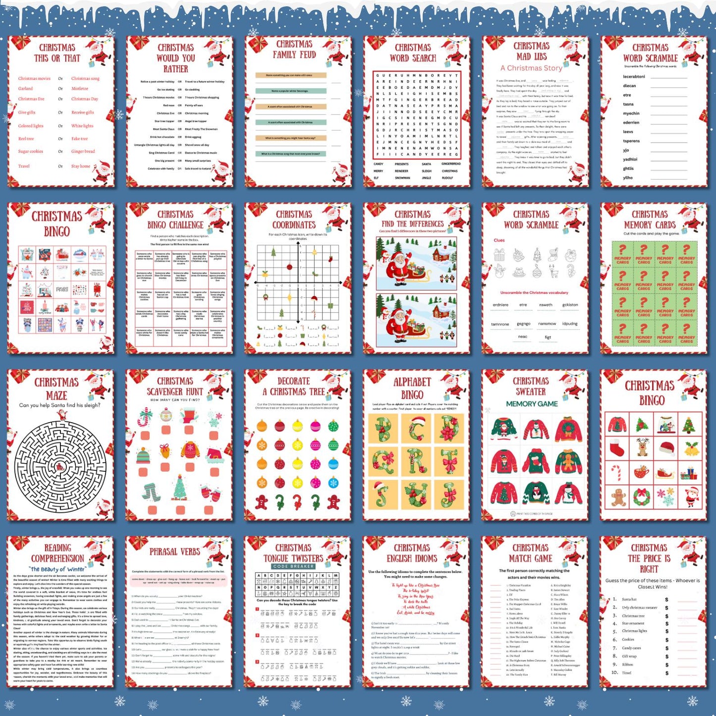 Christmas Game Bundle PLR MRR | 50+ Printable Games for Kids & Adults | Bingo, Emoji Quiz, Word Scramble | 135+ Pages Instant Download