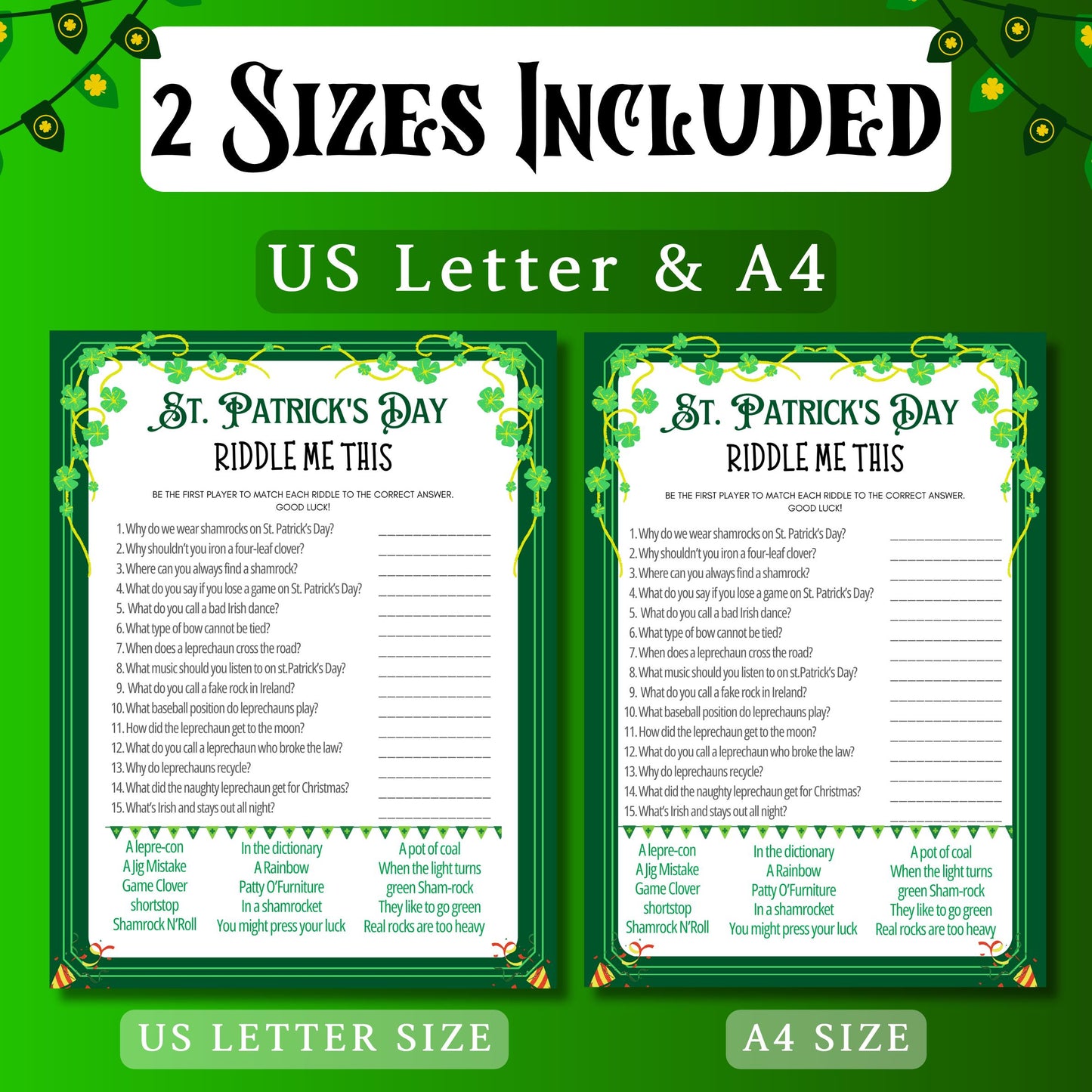St. Patrick's Day Riddle Me This Game | Printable Trivia, Party Game for Kids & Adults | Fun St. Paddy's Day Activity | St. Patrick's Game