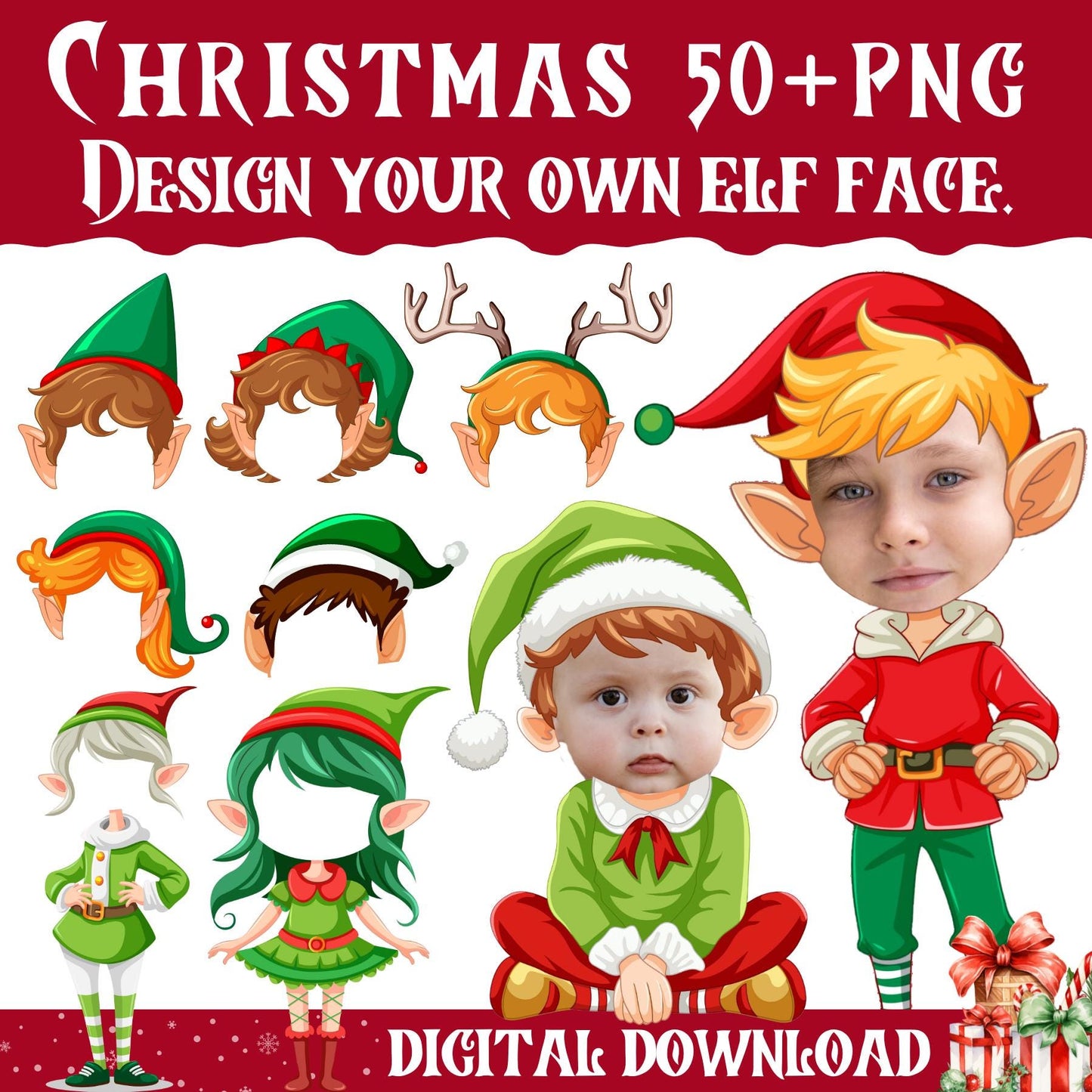 50+ Christmas Add Your Own Photo Face, DIY Elf Yourself PNG Bundle, Elf Face Blank, Christmas Craft for Kids, Xmas Decor Craft, Perfect Fun
