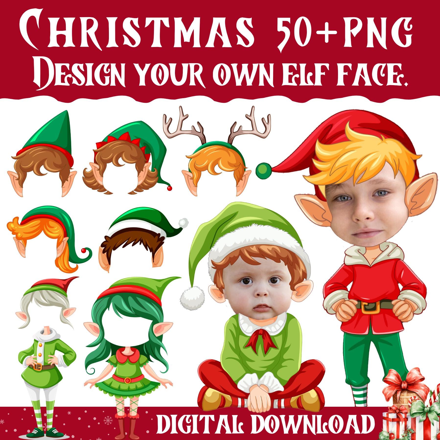 50+ Christmas Add Your Own Photo Face, DIY Elf Yourself PNG Bundle, Elf Face Blank, Christmas Craft for Kids, Xmas Decor Craft, Perfect Fun