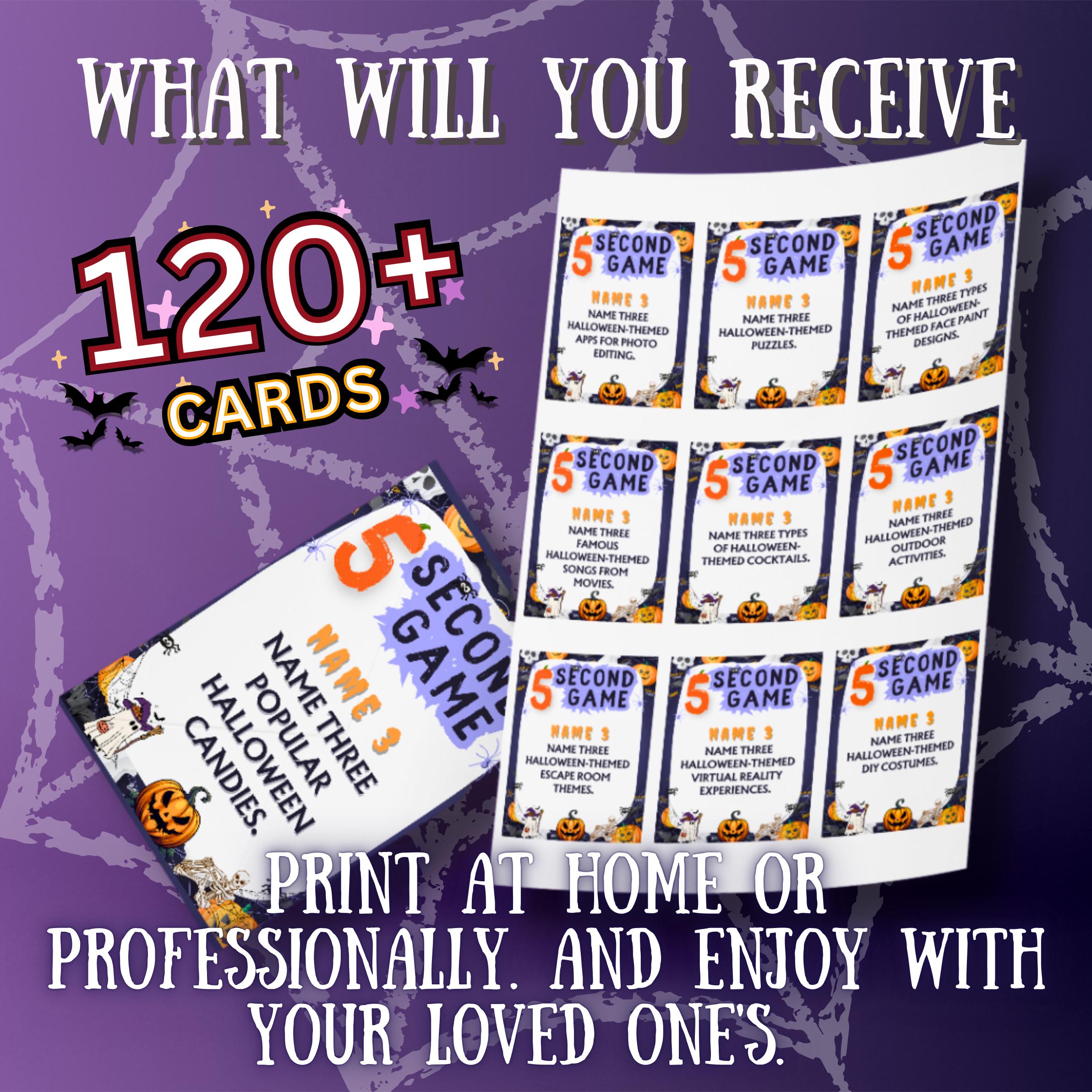 120+ Halloween 5-Second Game Cards | Exciting Spooky Trivia Challenge for Kids & Adults | Fast-Paced Fun for Parties | Printable Halloween